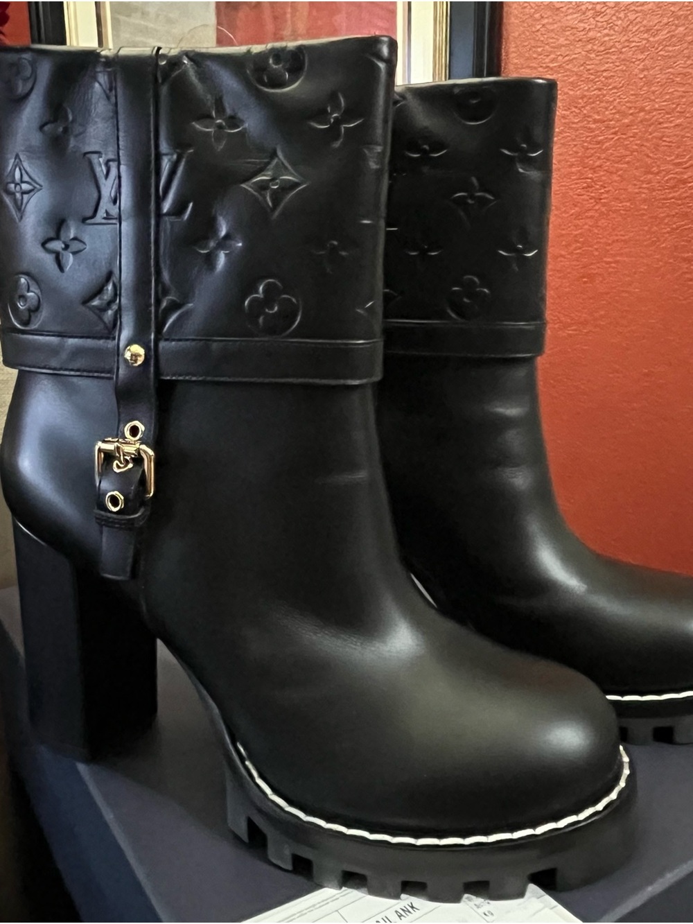 Louis Vuitton Black Leather Monogram star Trail Cuff Block Heel Ankle Boots